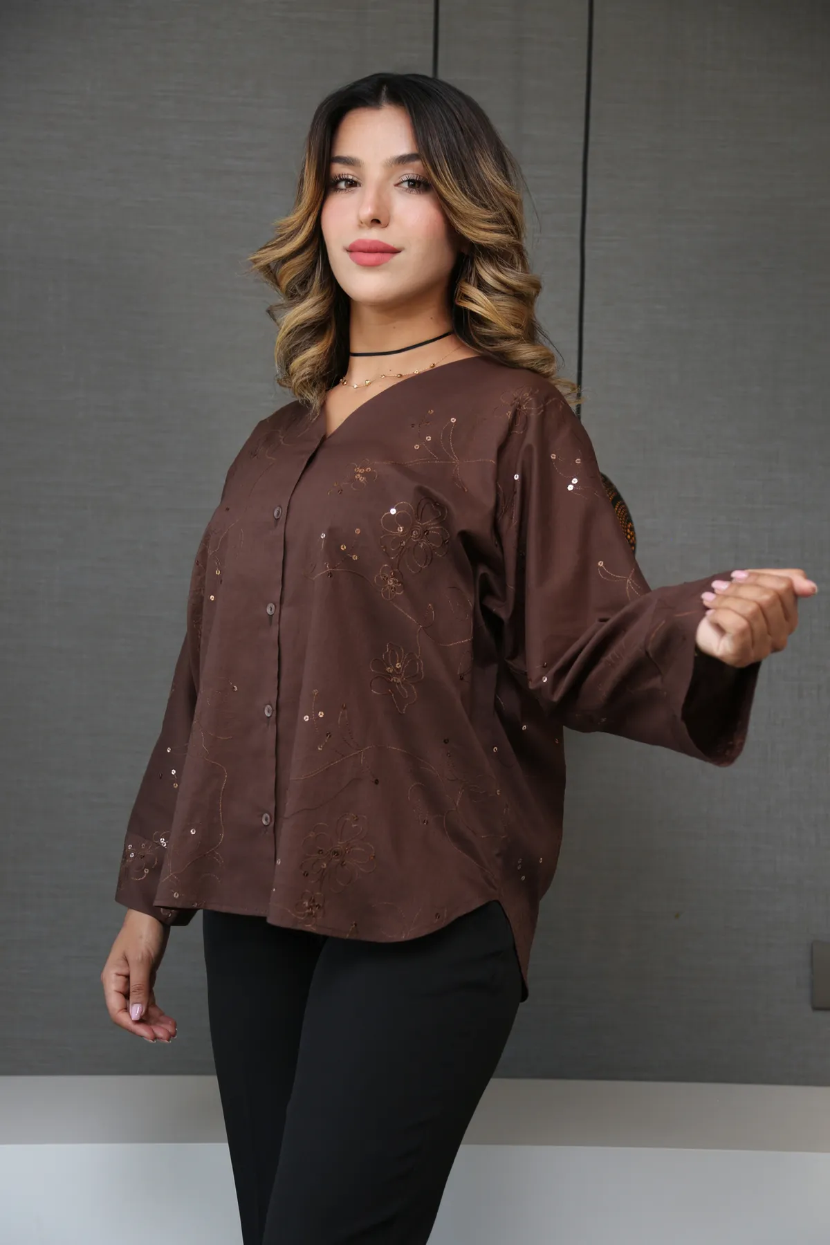 Chemise Longue en Popeline avec Sequins